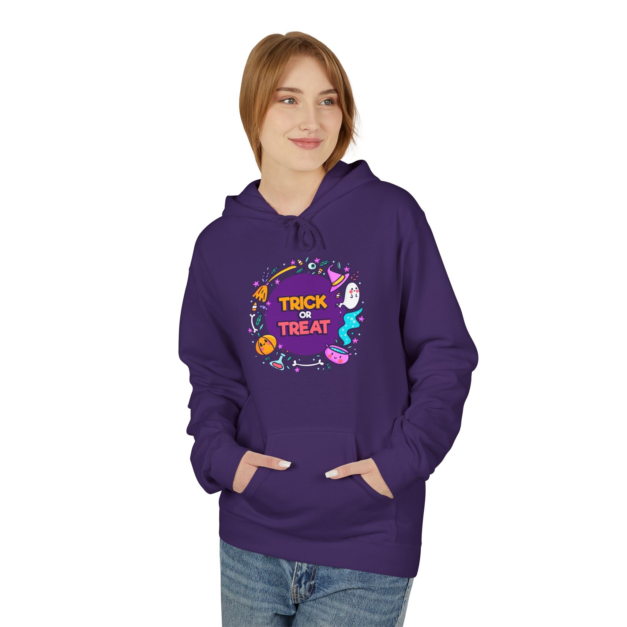 Halloween Trick or Treat Purple Hoodie, Unisex Fleece Sweatshirt, Trick or Treat Halloween Hoodie â Cozy, Fun & Spooky Style, Halloween Gift