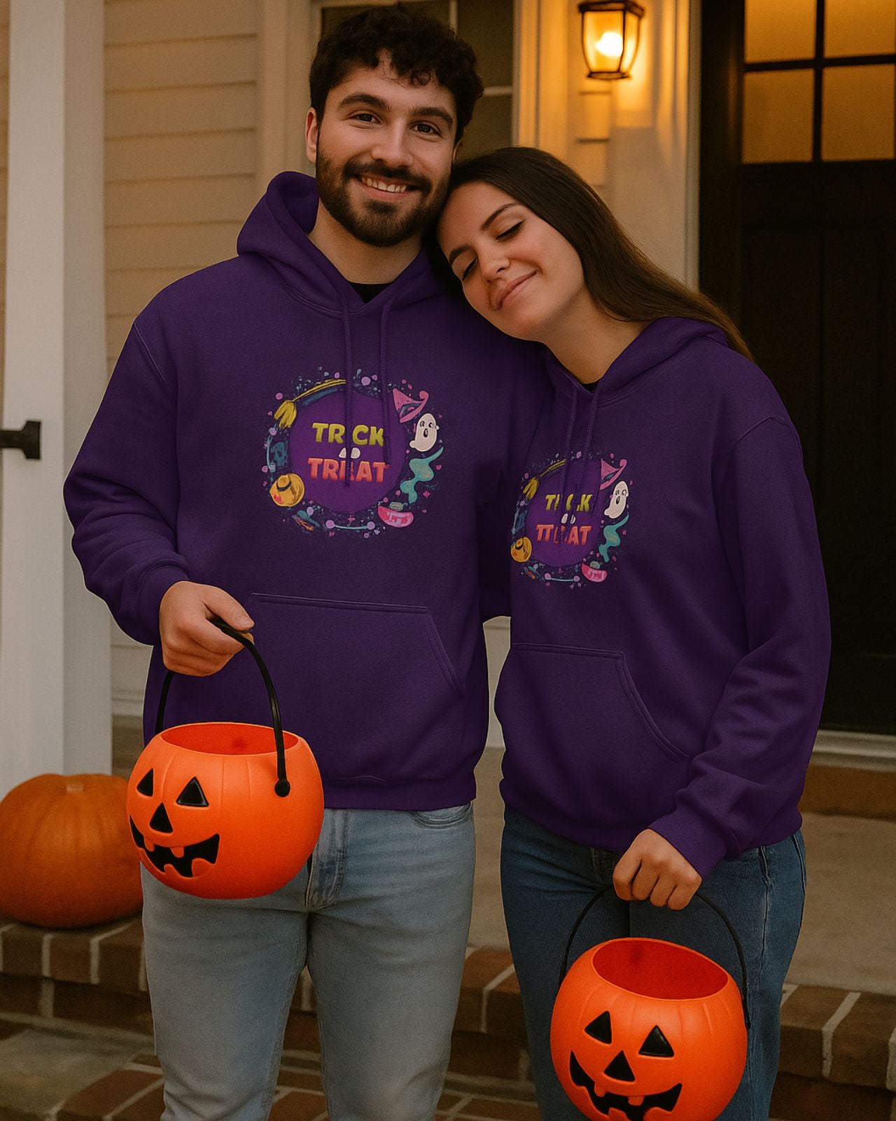 A couple wearing a purple sweatshirt with the phrase "Trick or Treat" printed on it and surrounded by a round frame formed by Halloween motifs, in front of the facade of a house at dusk decorated with Halloween motifs, both carrying a plastic basket in the shape of a Halloween pumpkin full of candy, underneath they wear jeans