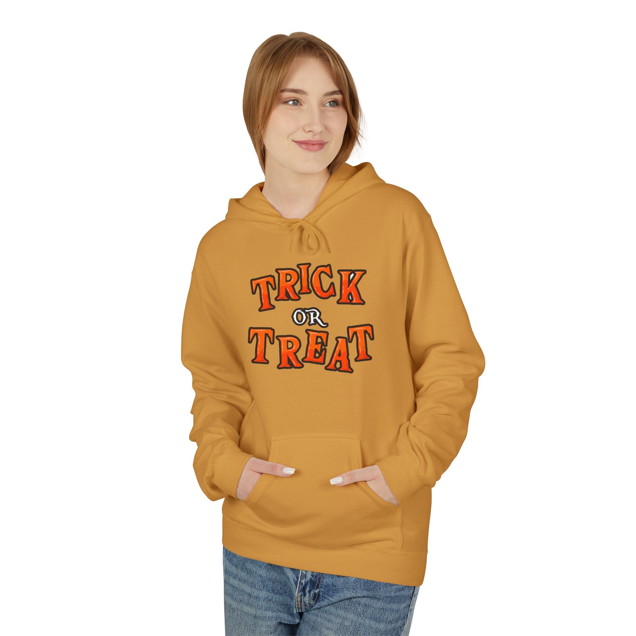 Halloween Trick or Treat  Mustard Hoodie, Unisex Fleece Sweatshirt, Trick or Treat Halloween Hoodie – Cozy, Fun & Spooky Style, Halloween Gift