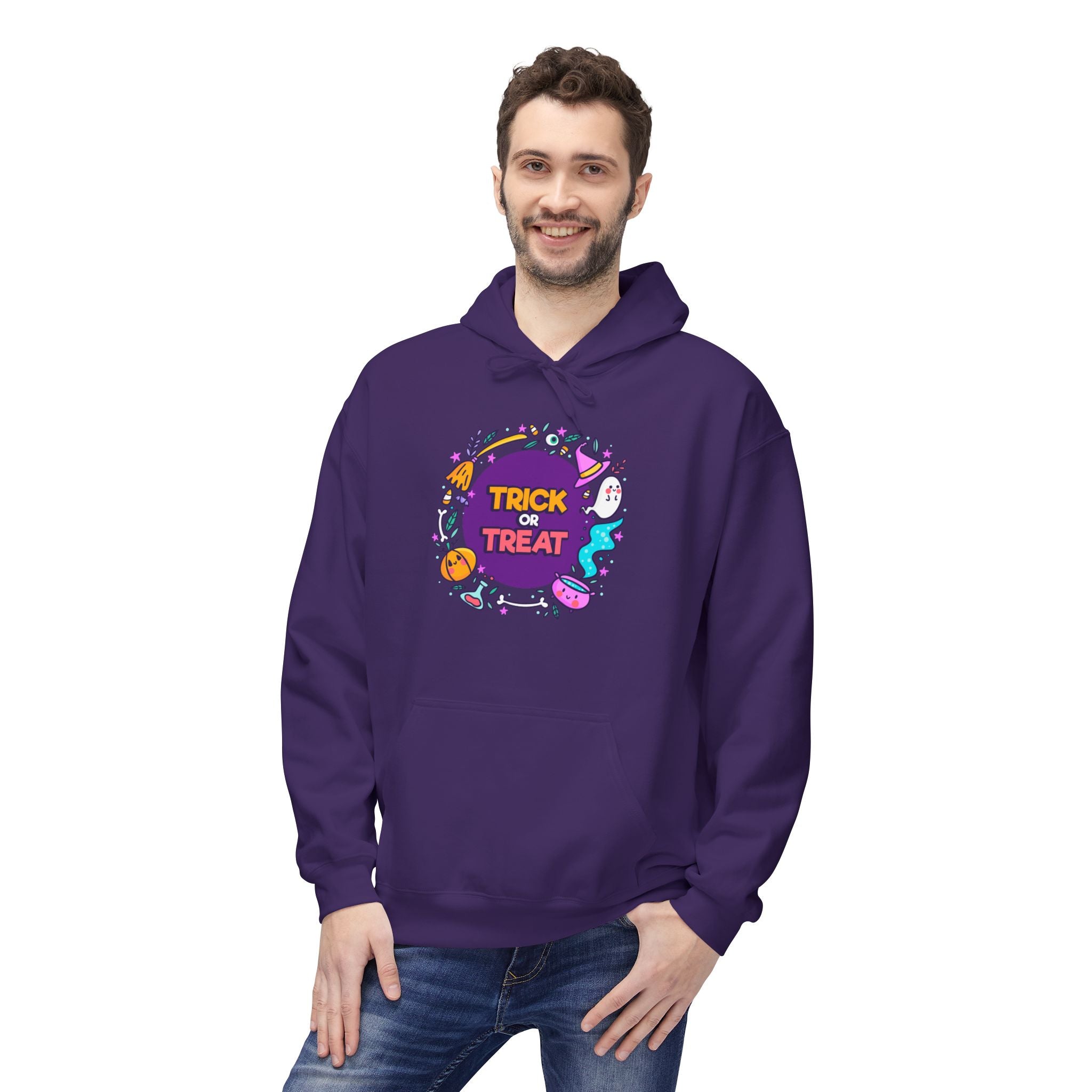 Halloween Trick or Treat Purple Hoodie, Unisex Fleece Sweatshirt, Trick or Treat Halloween Hoodie â Cozy, Fun & Spooky Style, Halloween Gift