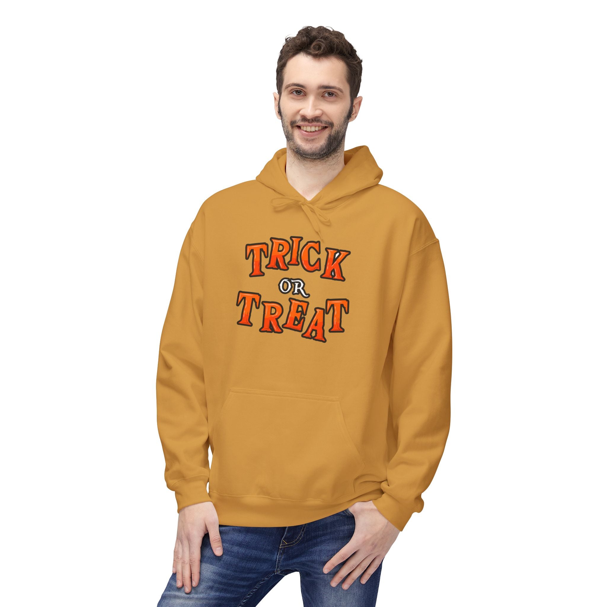 Halloween Trick or Treat  Mustard Hoodie, Unisex Fleece Sweatshirt, Trick or Treat Halloween Hoodie – Cozy, Fun & Spooky Style, Halloween Gift