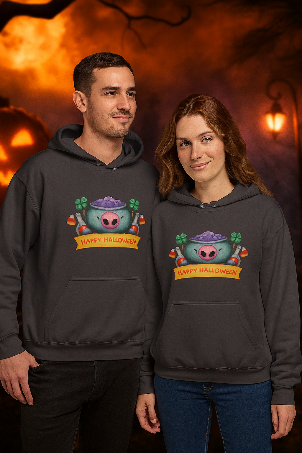 A couple wearing a gray sweatshirt with the phrase "Happy Halloween" printed on it, on top they have Halloween motifs and a cauldron with poison, decorated with a red skull, she looks straight ahead, while the boy looks to a point on the left, in the background you can see an image of a typical and spooky Halloween sunset, underneath they wear jeans