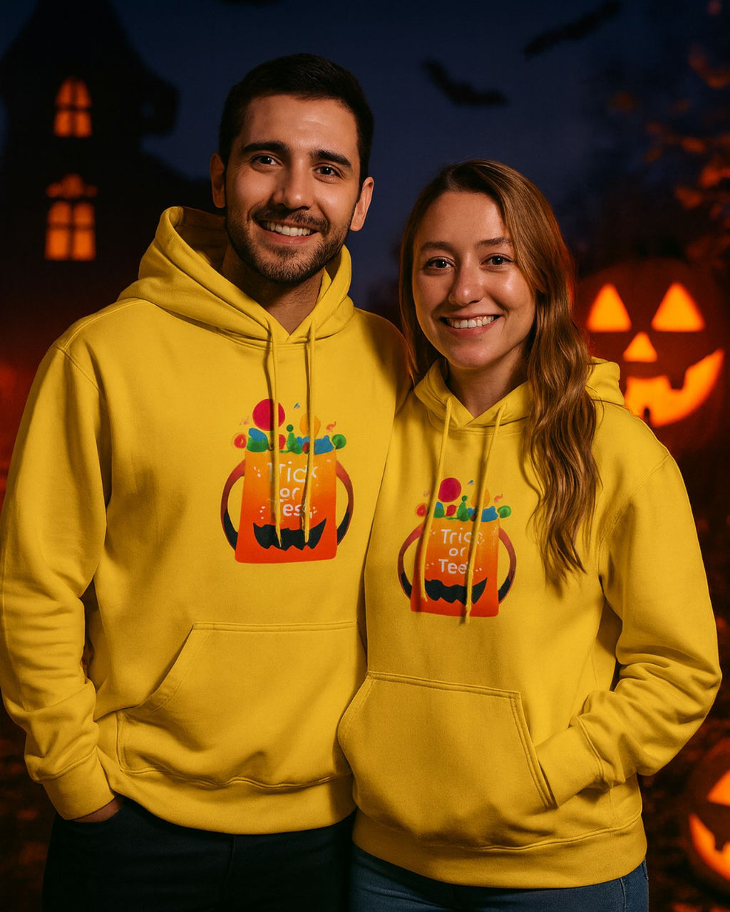 A couple wearing a yellow sweatshirt with an orange basket of candy printed with the phrase "Trick or treat", the couple is embracing looking forward and smiling, he has his right hand in the right pocket of his pants and she has her left hand inside the front pocket of the sweatshirt on her left side, in the background you can see an image of a typical and spooky Halloween sunset, underneath they wear jeans