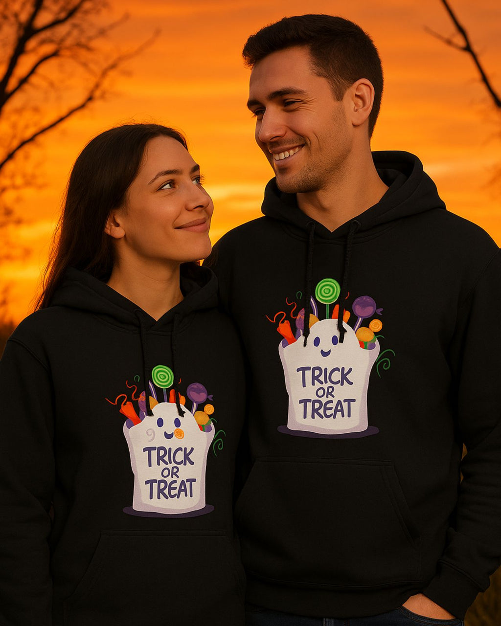 A couple wearing a black sweatshirt with a white ghost-shaped candy basket printed with the phrase "Trick or treat", the couple is hugging each other and smiling, he has his left hand in his left pants pocket, in the background you can see an image of a dark sunset in a forest, underneath they wear jeans